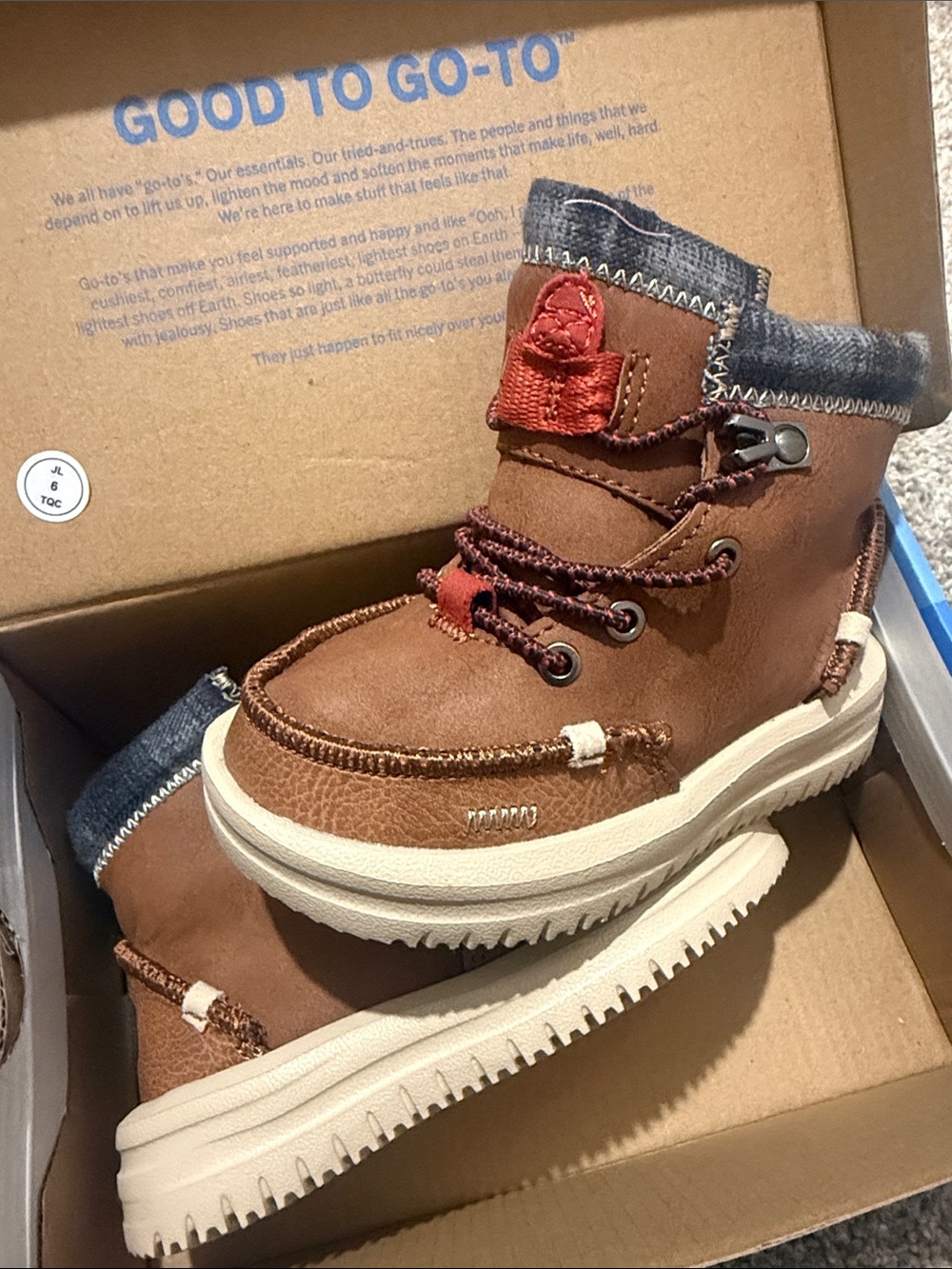 Hey Dude Kids Brown Ankle Boots with Denim Collar and Rust Accents